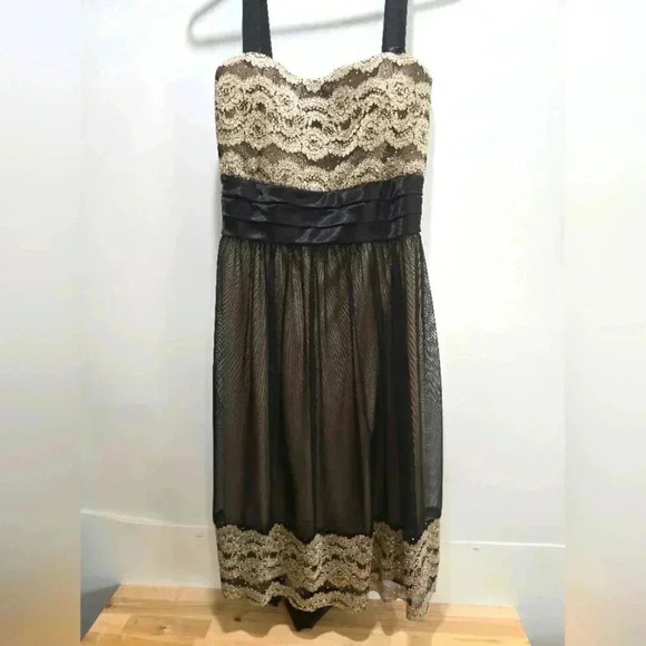 R&M Richards Black Gold Tulle Satin Lace Glitter Cocktail Formal Dress Size 18W - Picture 1 of 12